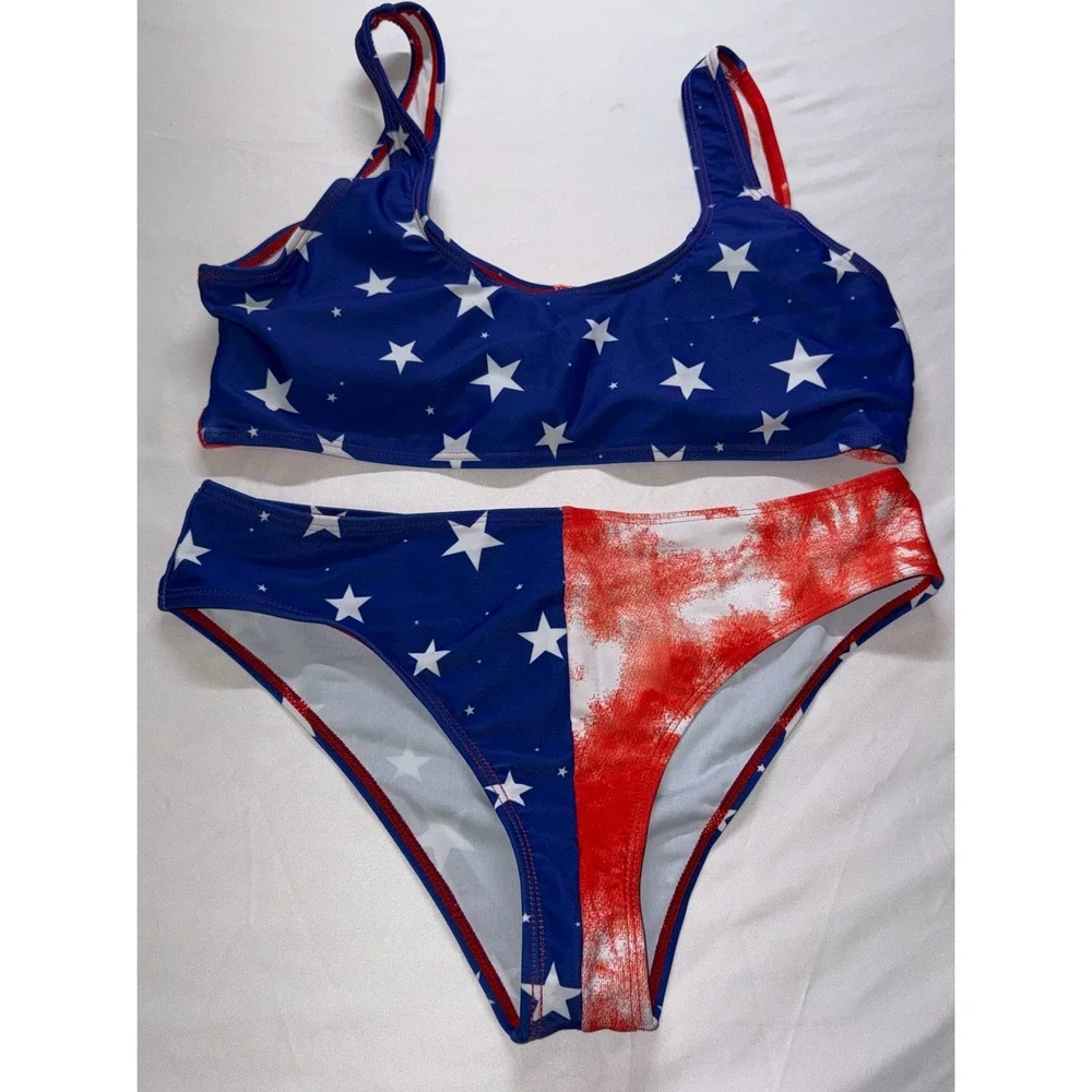 SHEIN Bikini Set Women XL Red White Blue Stars Tie Dye Patriotic Swimsuit NEW
